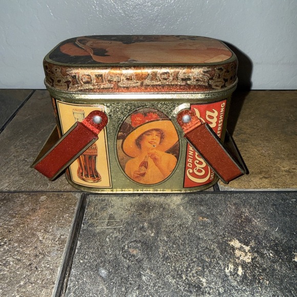 Coca-Cola Handbags - Vintage Coca Cola Tin Box With Lid & Handle Lady Holding Coke In Hand